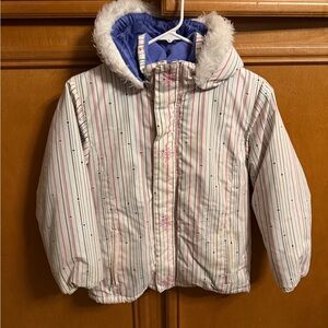Striped Kids Snow Jacket with Faux Fur Hood